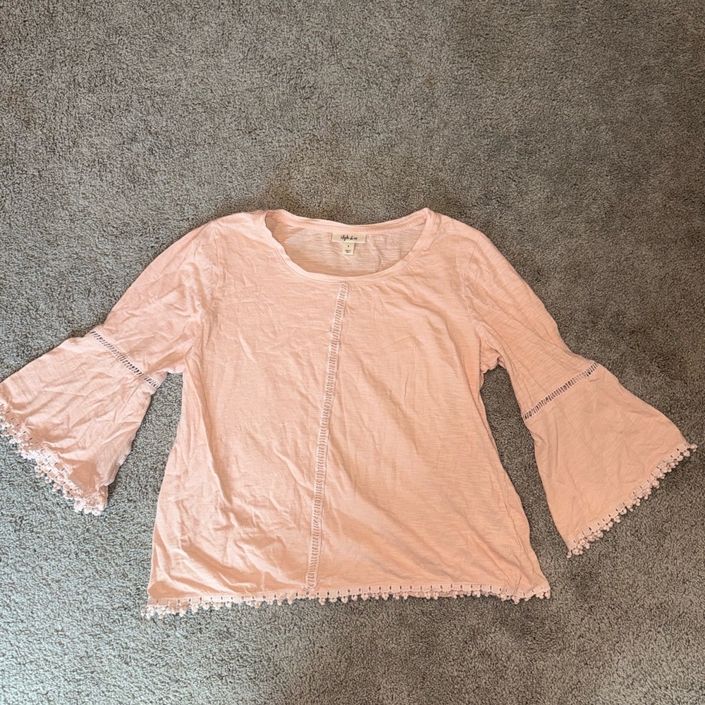 Style & Co Women’s Blouse Small Pink Bell Sleeve Boho Crochet Trim Top